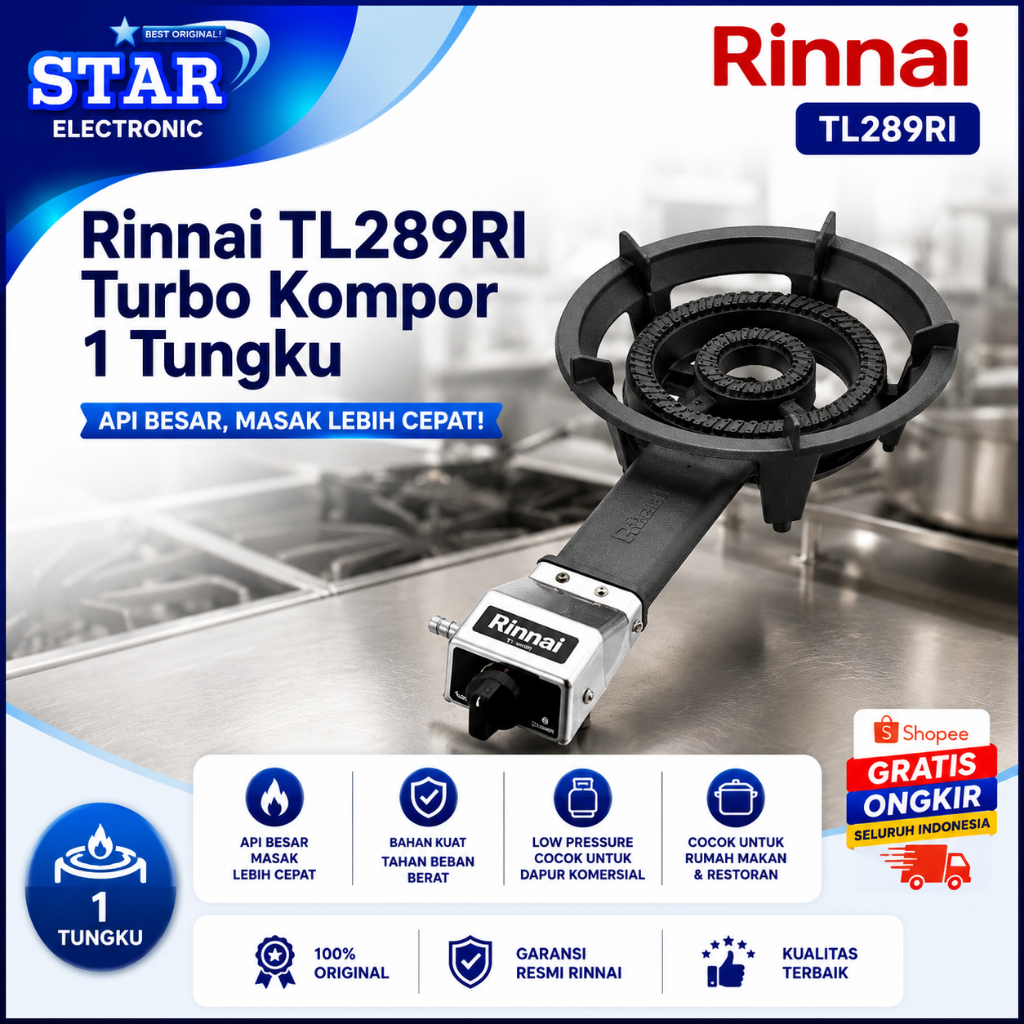 KOMPOR GAS RINNAI SEMI KOMERSIL TL 289 RI/RL289RI/TL 289RI/TL 289 RI/TL-289RI/ORIGINAL/GARANSI RESMI