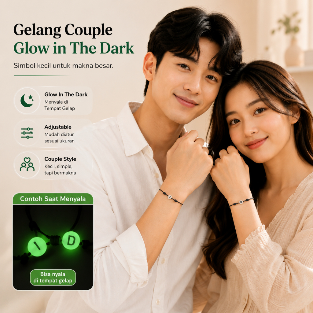 Gelang Couple Inisial Huruf Glow In The Dark - Tali Korea 1mm Hitam (2 Pcs)