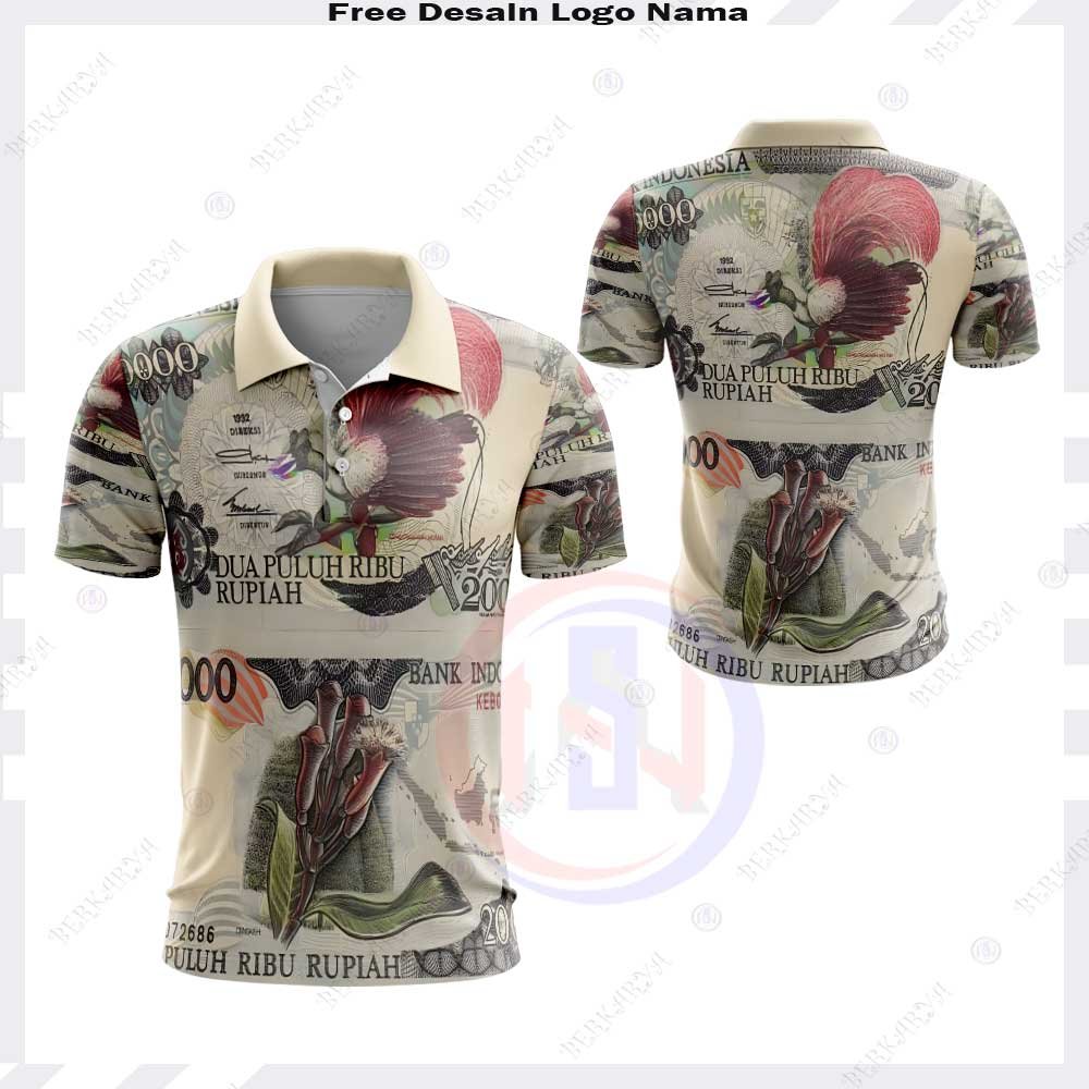 Kaos Polo Pria Motif Uang 20 Ribu Rupiah Fullprint / Baju Kerah Jersey Uang Kuno Nusantara Premium