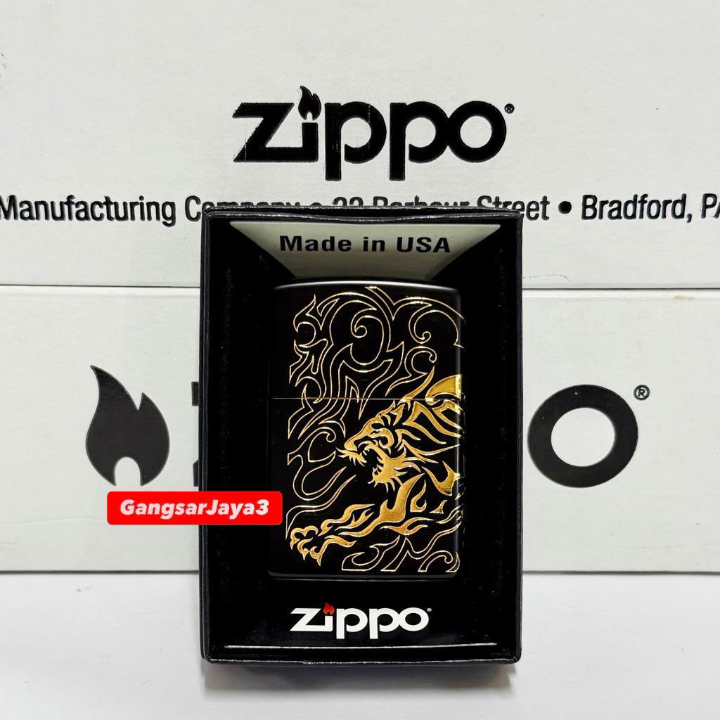 korek zippo original USA  ZA-5-86a Spirit of the Roaring Tiger  (Black & Gold) brass insert  Case. E