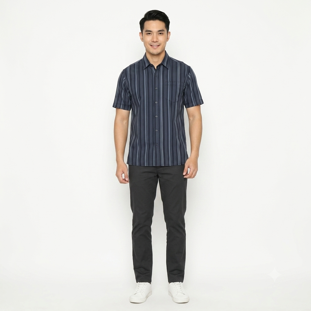 Kemeja Pria Biru Tua Motif Garis Baju Santai