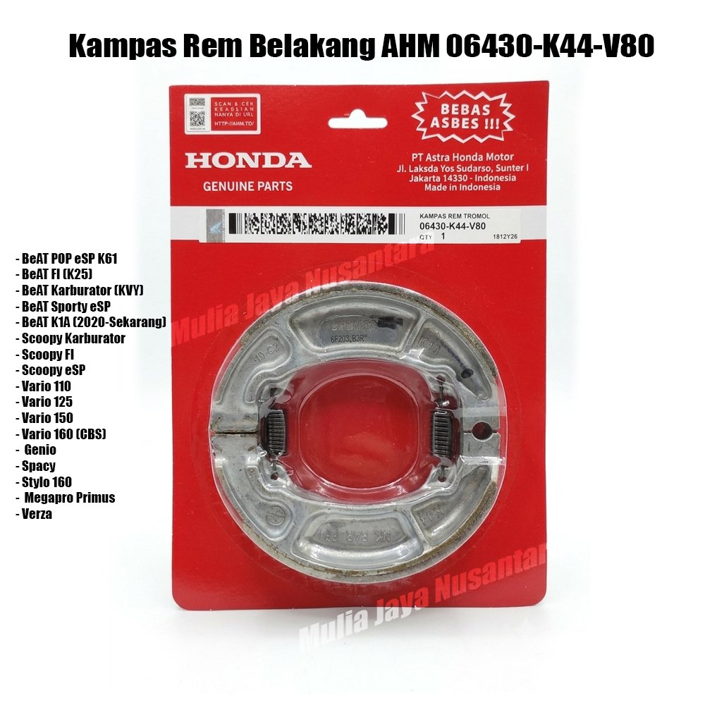 Kampas Rem Belakang 06430-K44-V80 Shoe Set Brake Original AHM Beat POP eSP K61 Scoopy K2F Vario 125 