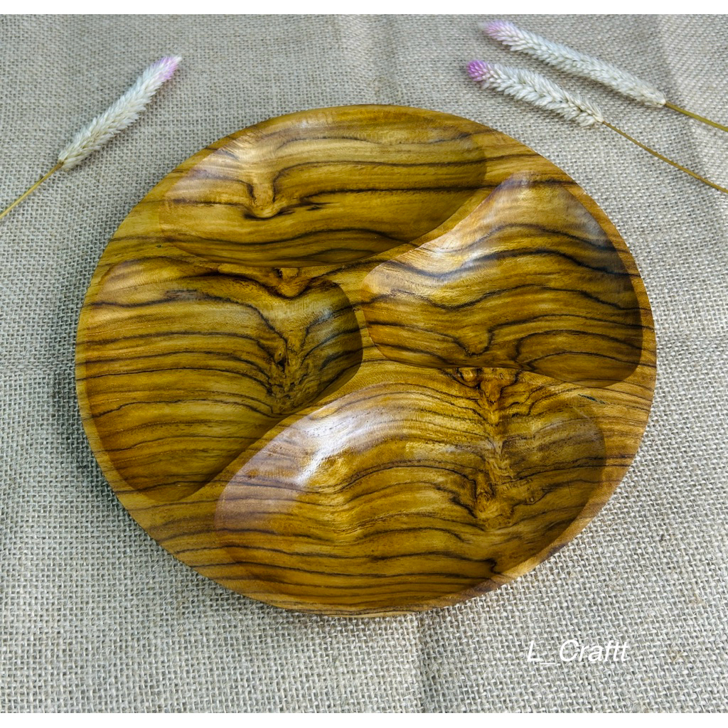 piring kayu/piring sekat 4 bulat H/piring saji/piring makan anak/piring diet kayu jati 23cm