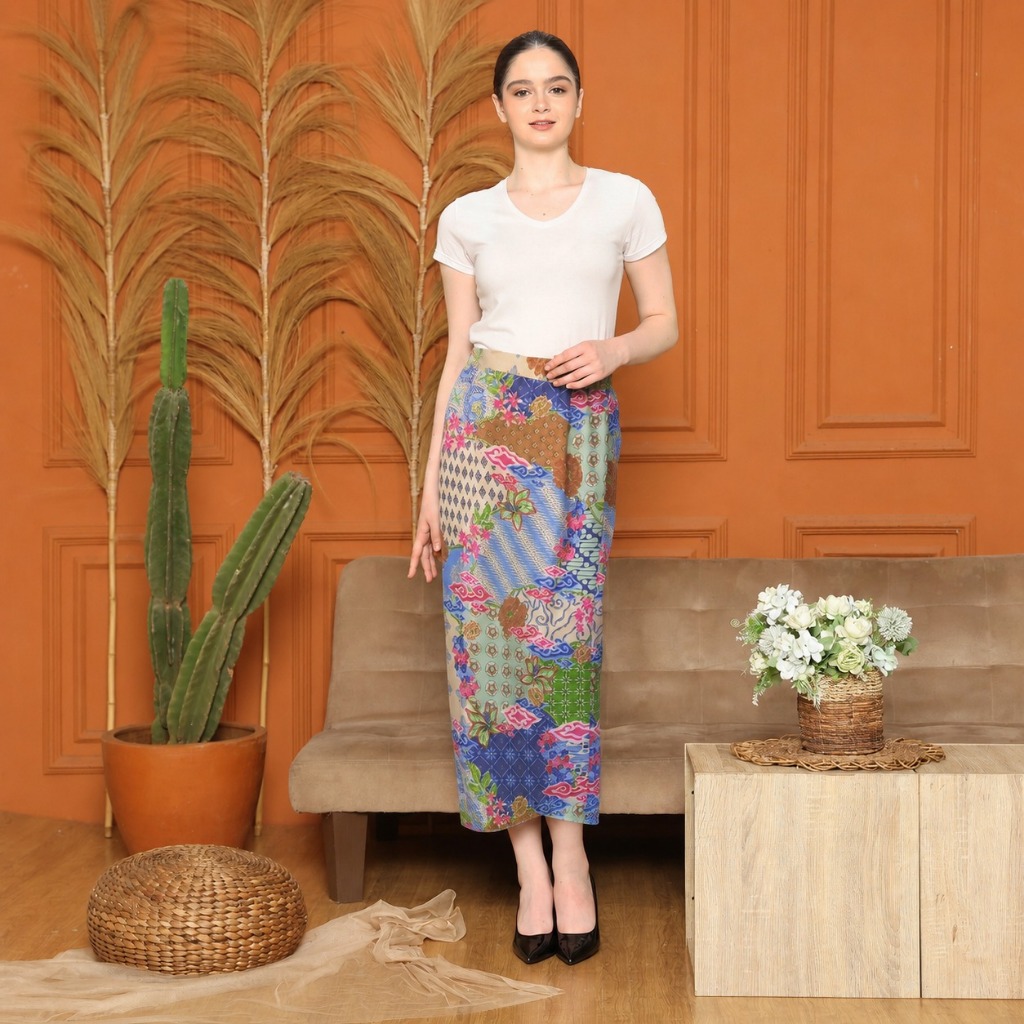 Lyne Halim Batik Span Skirt Multicolor – Rok Span Wanita Elegan, SKT-8499