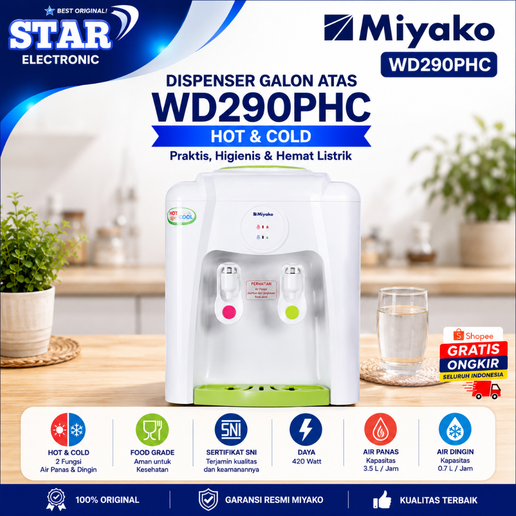 MIYAKO DISPENSER GALON ATAS WD 290 PHC/WD290PHC/WD-290-PHC/WD290HC/ORIGINAL MIYAKO/GARANSI RESMI
