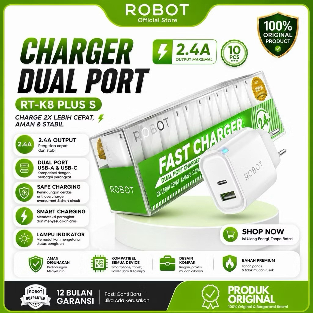 ROBOT ADAPTOR RT-K8 PLUS 2.4A dual usb USB A dan USB C ORIGINAL ( 1 BOX )