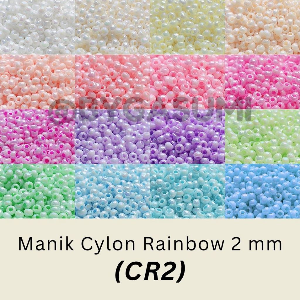 (CR2) Manik Premium Ukuran Seragam 2 mm 11/0 Cylon Rainbow Glass Seed Beads Pastel Soft Glossy Pelan