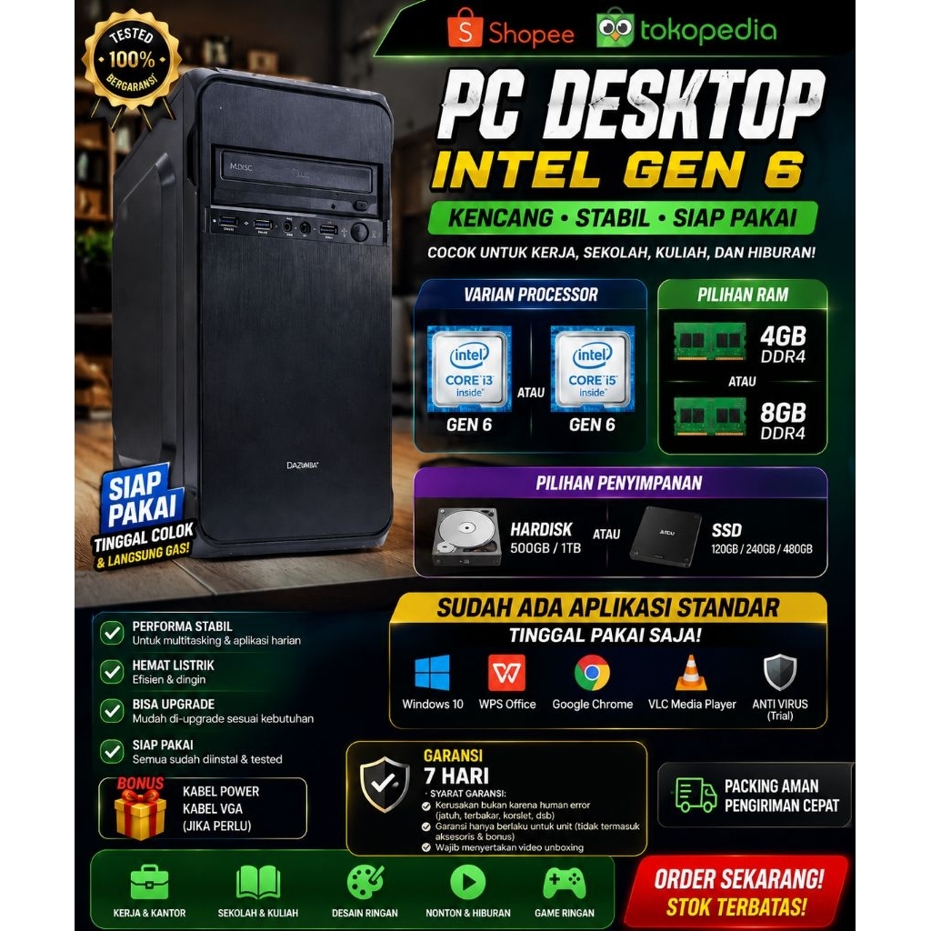 PC Rakitan CORE I3 /I5 GEN 6 DDR4 SSD BEKAS normal