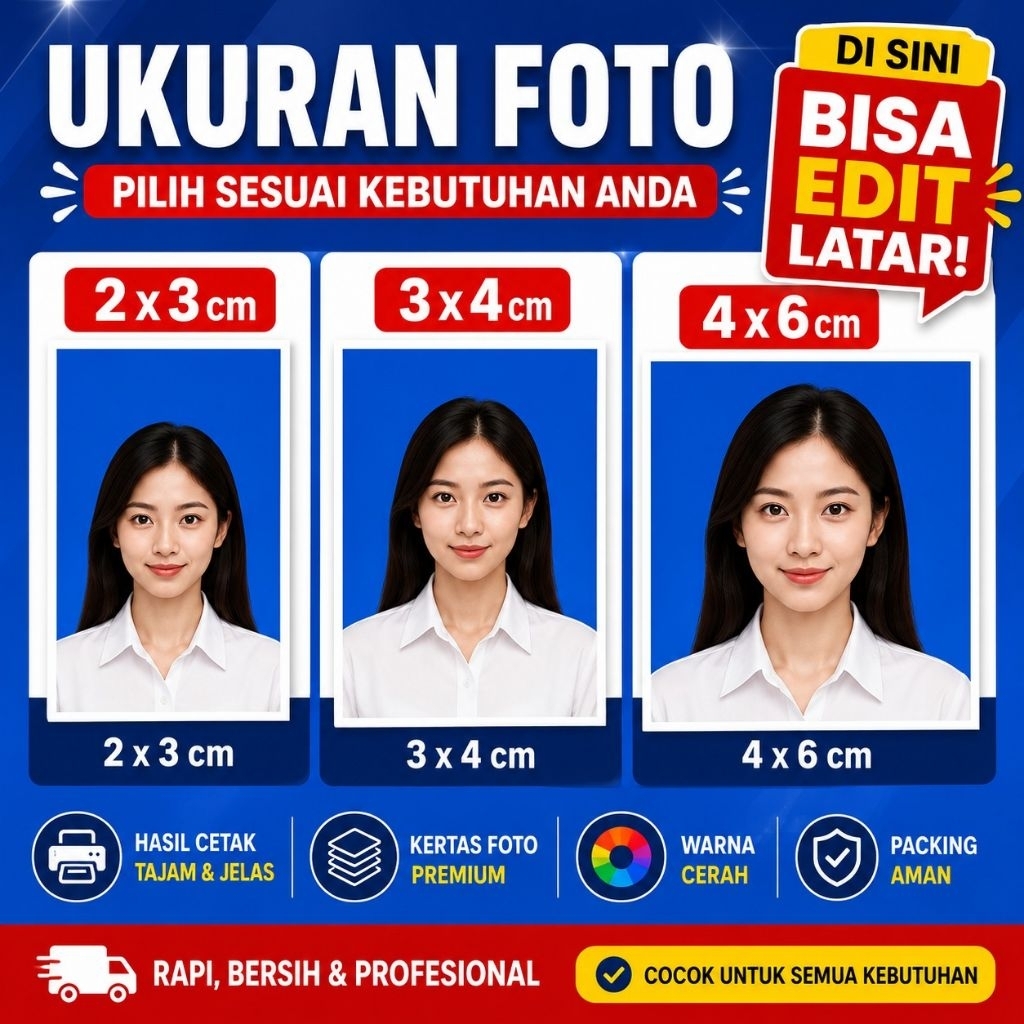 Jasa Cetak Pas Foto 2x3 3x4 4x6 | Ubah Background Merah/Biru | Siap Cetak