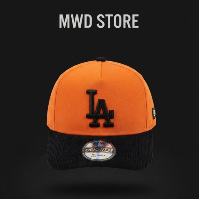 Visor Pendek Logo LA Hitam Bahan Orange Visor Hitam Corduroy Topi MLB Pria Wanita
