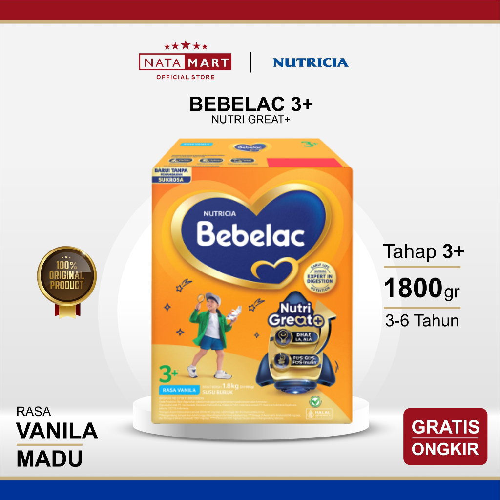 BEBELAC 3+ NUTRI GREAT+ 3-6 TAHUN 1800G / 1.8KG VANILA ATAU MADU / BEBELAC TAHAP 3+