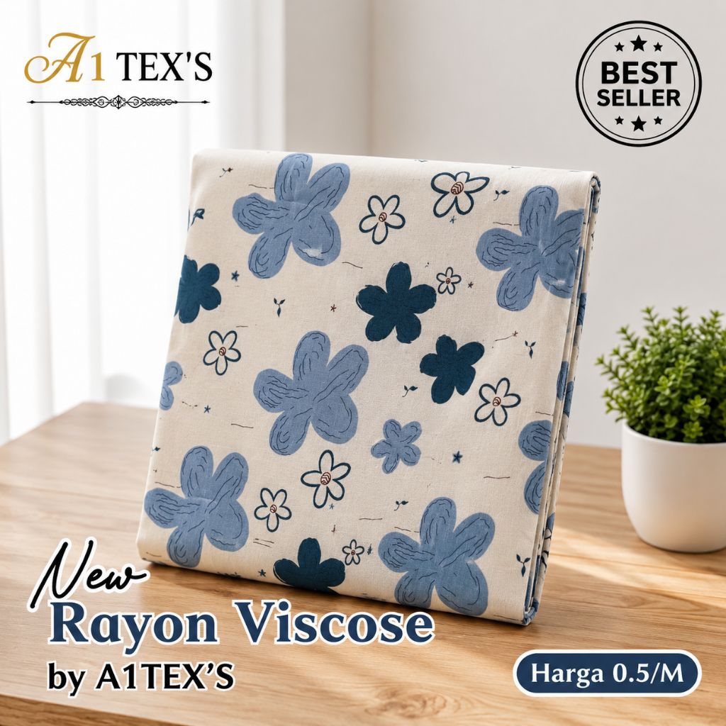 Kain Katun Rayon Viscose Premium - Kain Rayon Viscose Motif Floral Biru Premium - Kain Rayon Viscose