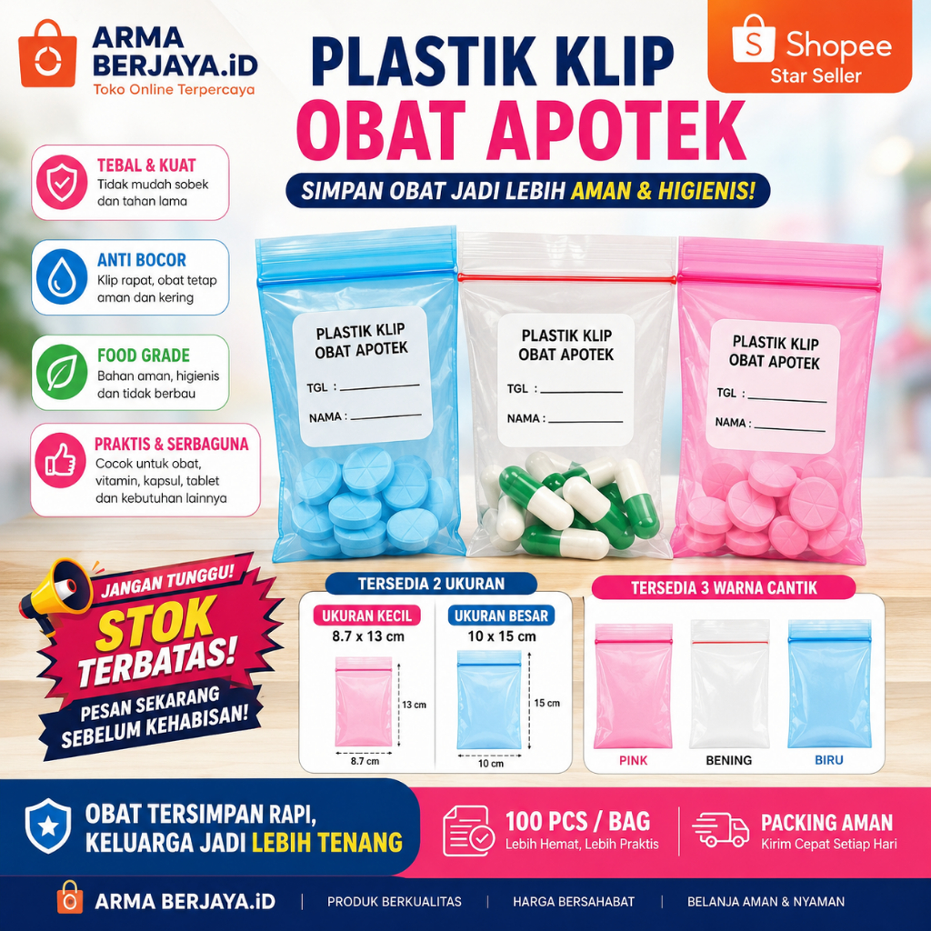 Plastik Klip Obat Apotek Pink-Biru-Bening 1000 Pcs - Kantong Obat Ziplock Mini Tebal Kuat Kemasan Pi