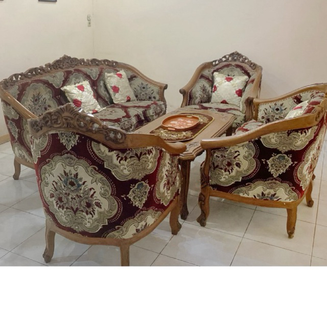 [BACA deskripsi] Sofa kursi meja set klasik vintage kayu jati bludru emboss second bekas murah furni