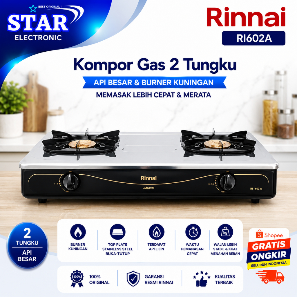 RINNAI KOMPOR GAS 2 TUNGKU RI 602A KOMPOR GAS/RI-602A/RI 602 A/RI602A/KOMPOR GAS 2 TUNGKU ANTI GORES