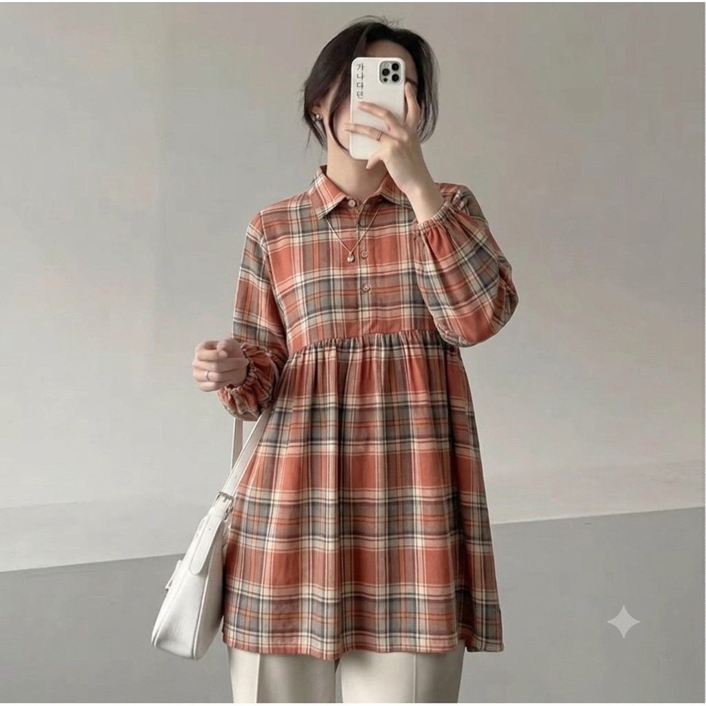 Rumyel Tunik Flanel/Kemeja Ruffle Flanel wanita kekinian/ Tunik flanel premium