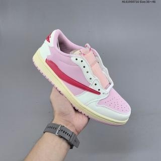 Travis Scott x Air Jordan 1 Low “Tropical Pink” Sepatu Basket Low-Top Putih-Merah Muda dengan Logo T