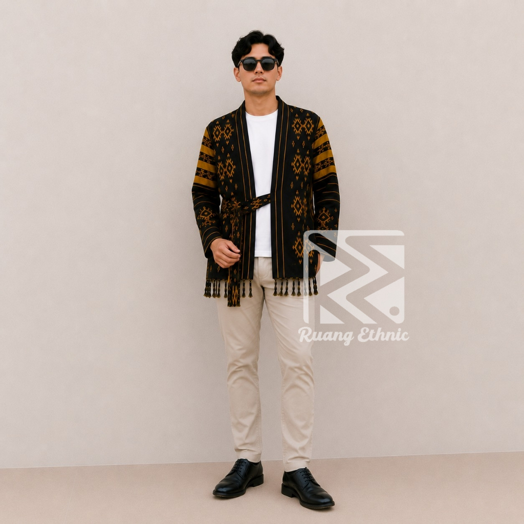 (RUANG ETHNIC) OUTER PRIA WARNA BLACK MUSTARD - OUTER TENUN ATASAN PRIA - OUTER PRIA
