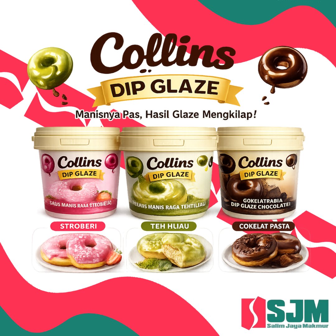 Collins Dip Glaze Mini 300Gr | Glaze Celup Donat Siap Pakai | Rasa Chocolate, Matcha, Strawberry | T