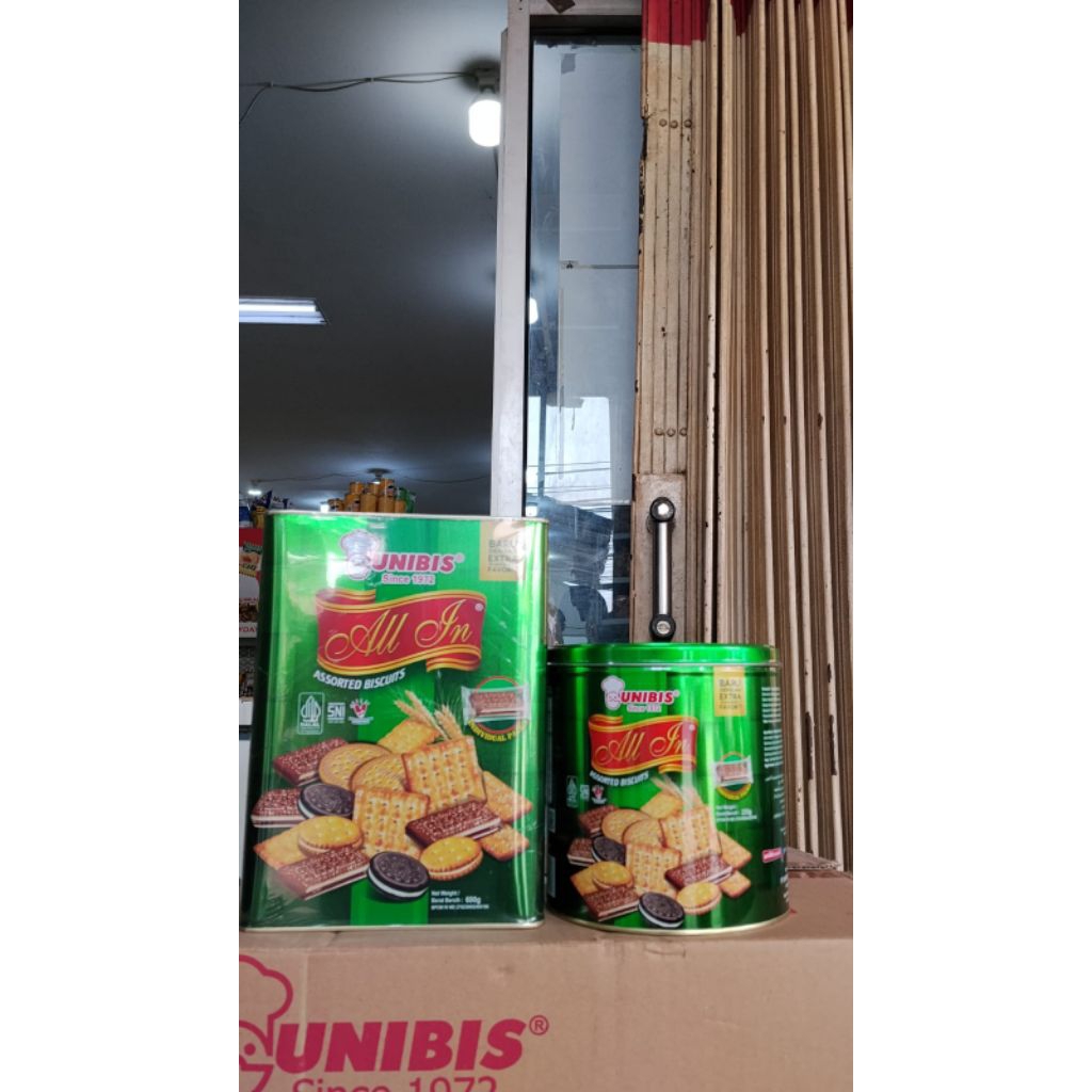 Biskuit Unibis All In Kaleng Besar 600 g dan Kecil 235 g