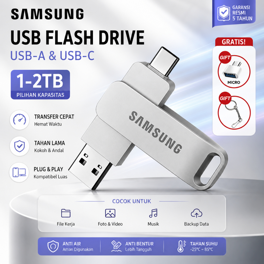 SAMSUNG Flashdisk USB Type C 3.1 Dual Drive 1TB 2TB OTG Metal Pendrive Original Gratis Adaptor Micro