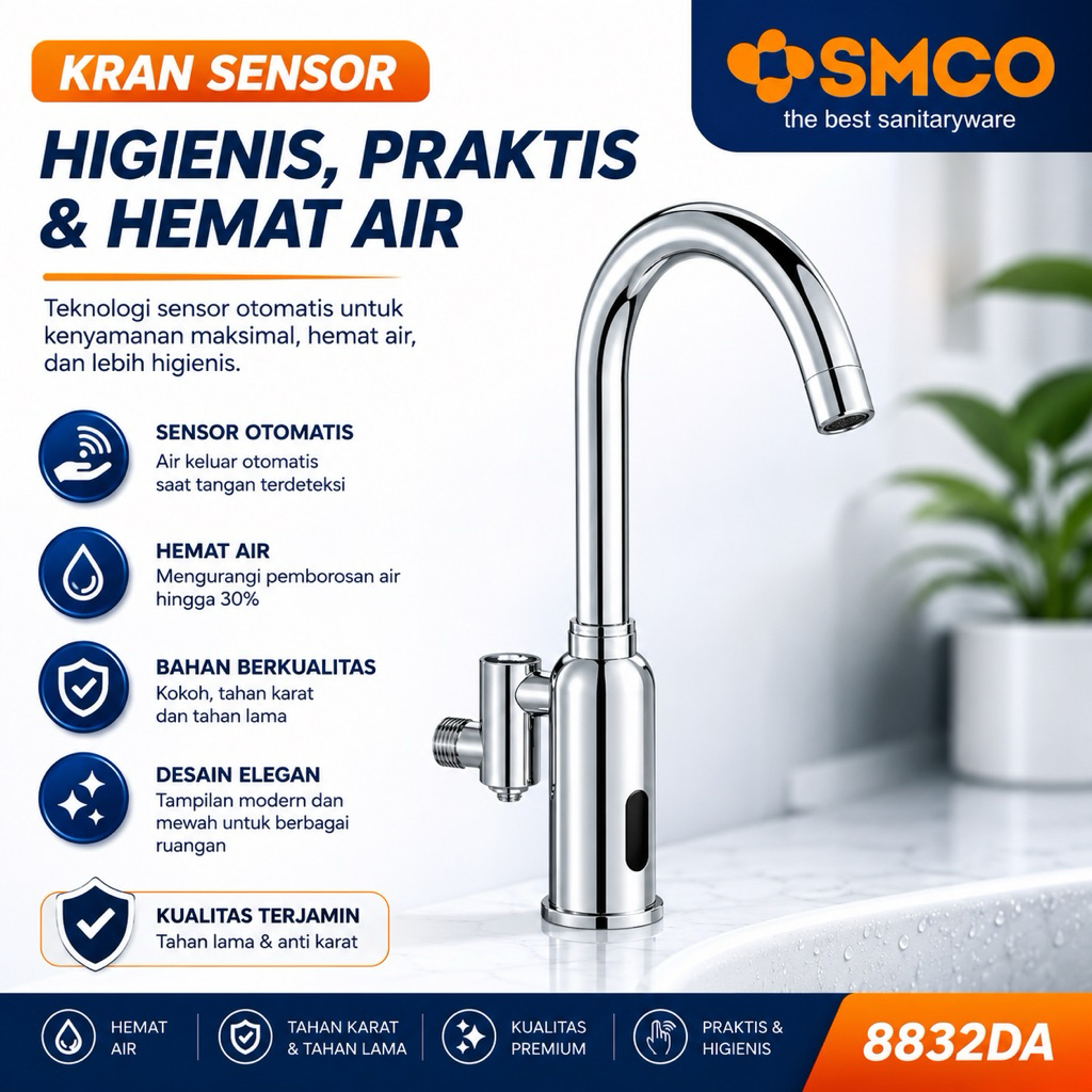Kran Sensor Wastafel Otomatis Cuci Tangan Drat Tembok 1/2" Inch Baterai SMCO 8832DA