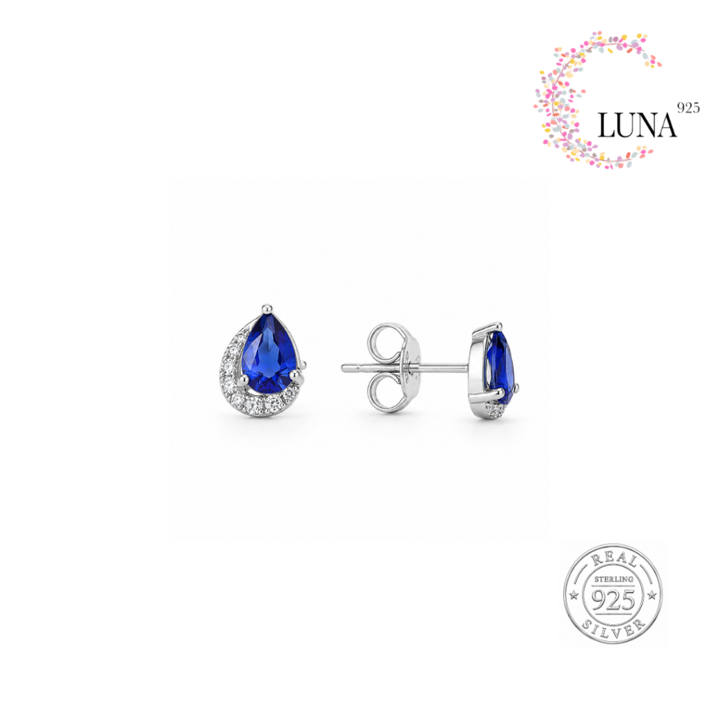 LUNA Perhiasan Wanita  - Anting Stud Batu Pear Warna 4x6 Perak Asli - Silver 925