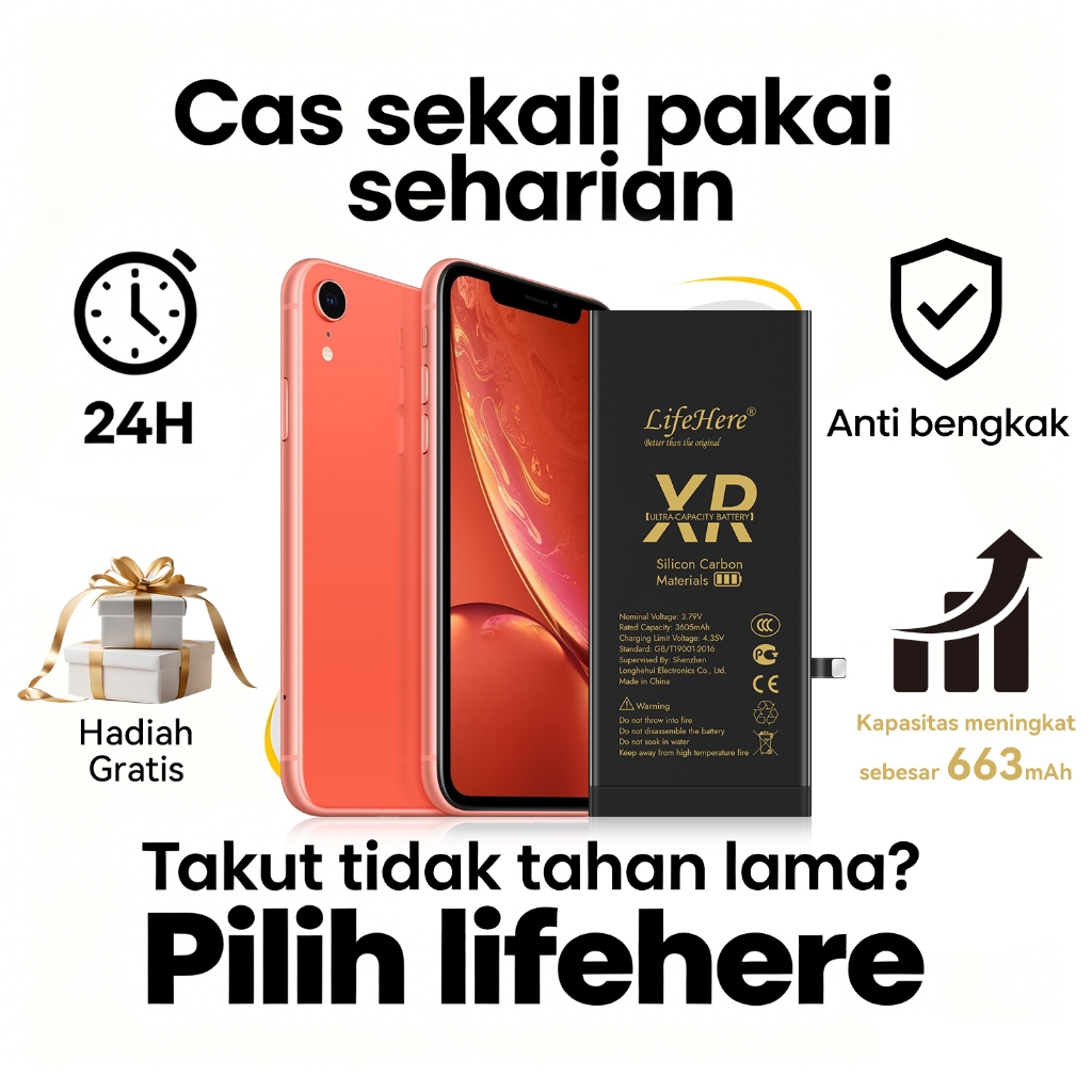 Lifehere baterai Iphone XR baterai 3500mah superkapasitas IPHONE XR baterai