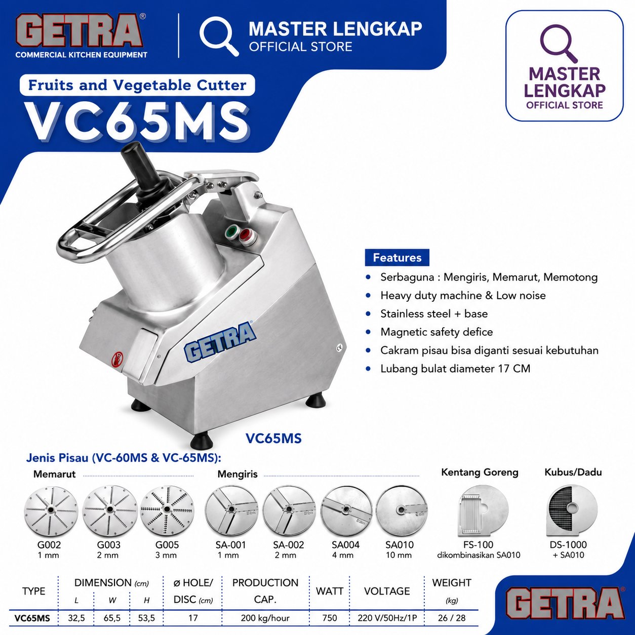 GETRA FRUITS & VEGETABLES CUTTER CIRCULAR HOPPER VC65MS / VC65 MS / VC 65MS / VC 65 MS