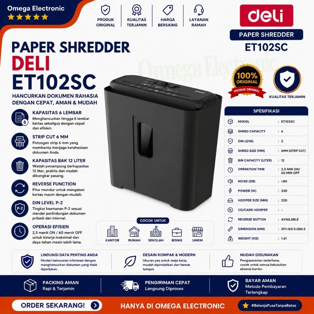 Deli Paper Shredder ET102SC Mesin Penghancur Kertas 6 Lembar Kapasitas 12 Liter ET102SC