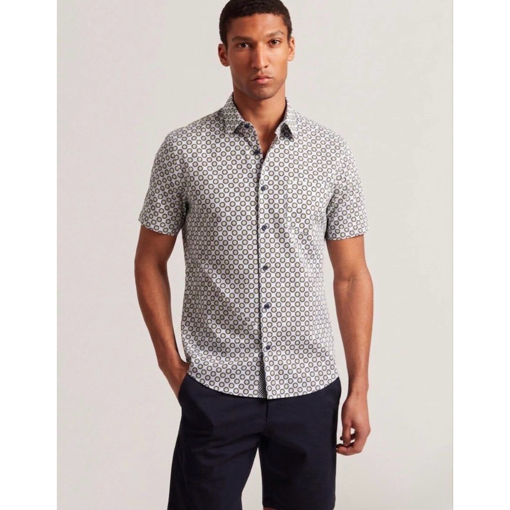 Ted Baker London White Pattern Short Sleeve Shirt Kemeja Slim Fit Pria Ted Baker Original - Kemeja L
