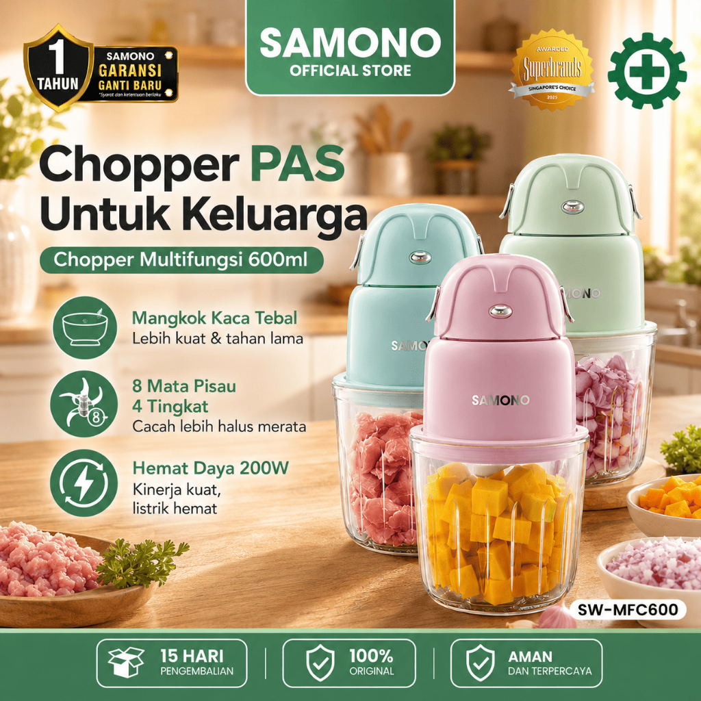 SAMONO Chopper Multifungsi MPASI 600ml Food Chopper Kaca Tebal 8 Mata Pisau 4 Tingkat Penggiling Dag
