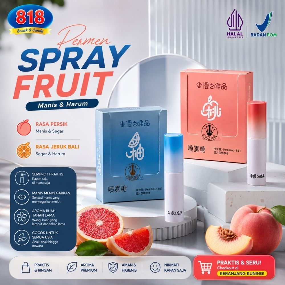 Spray Fruit Candy Permen Semprot Cium Rasa Persik Jeruk Bali Premium Halal BPOM Aroma Buah Menyegark