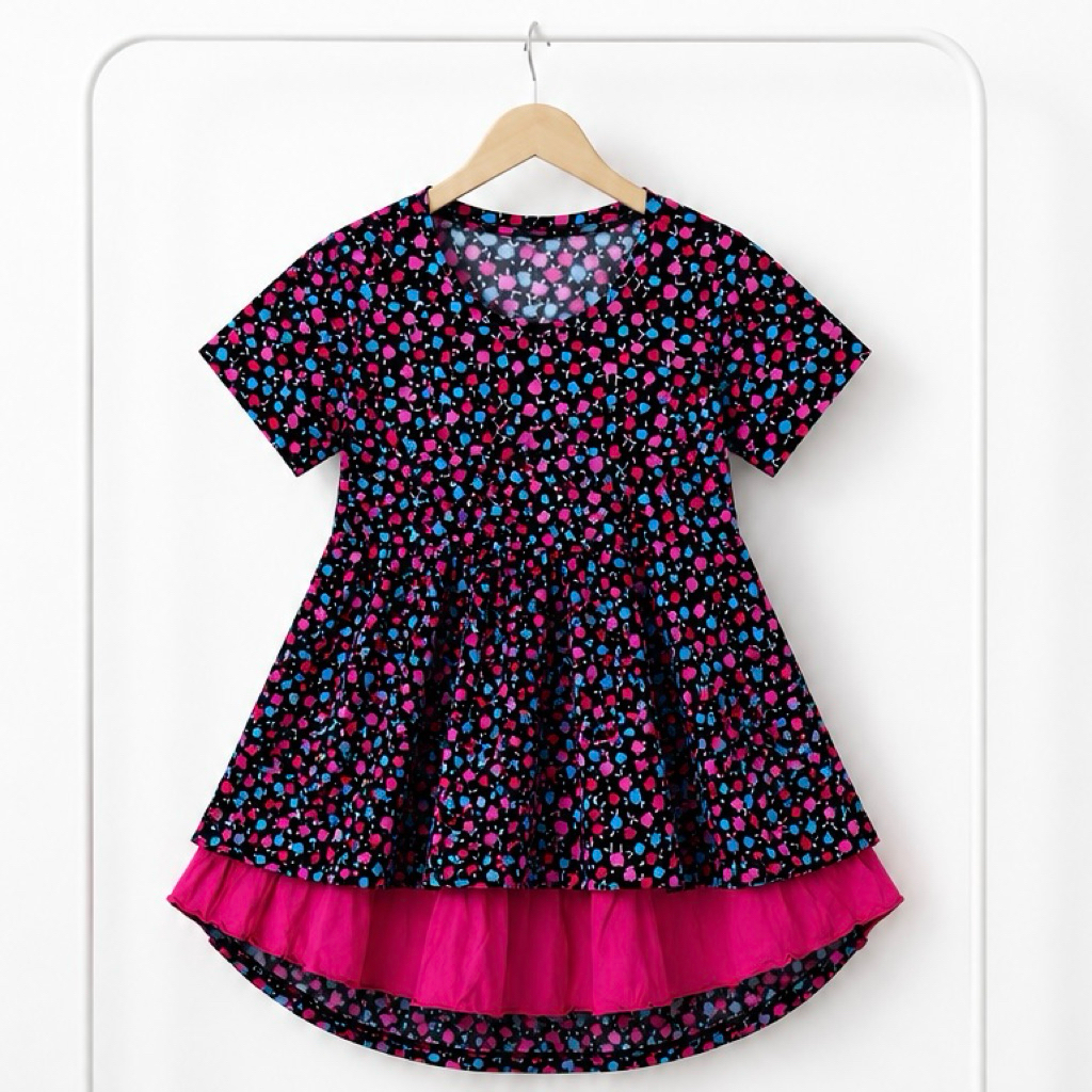 Preloved Dress Gaun Anak Perempuan Lengan Pendek Motif Polkadot Warna Hitam Merah Muda Pink Biru den