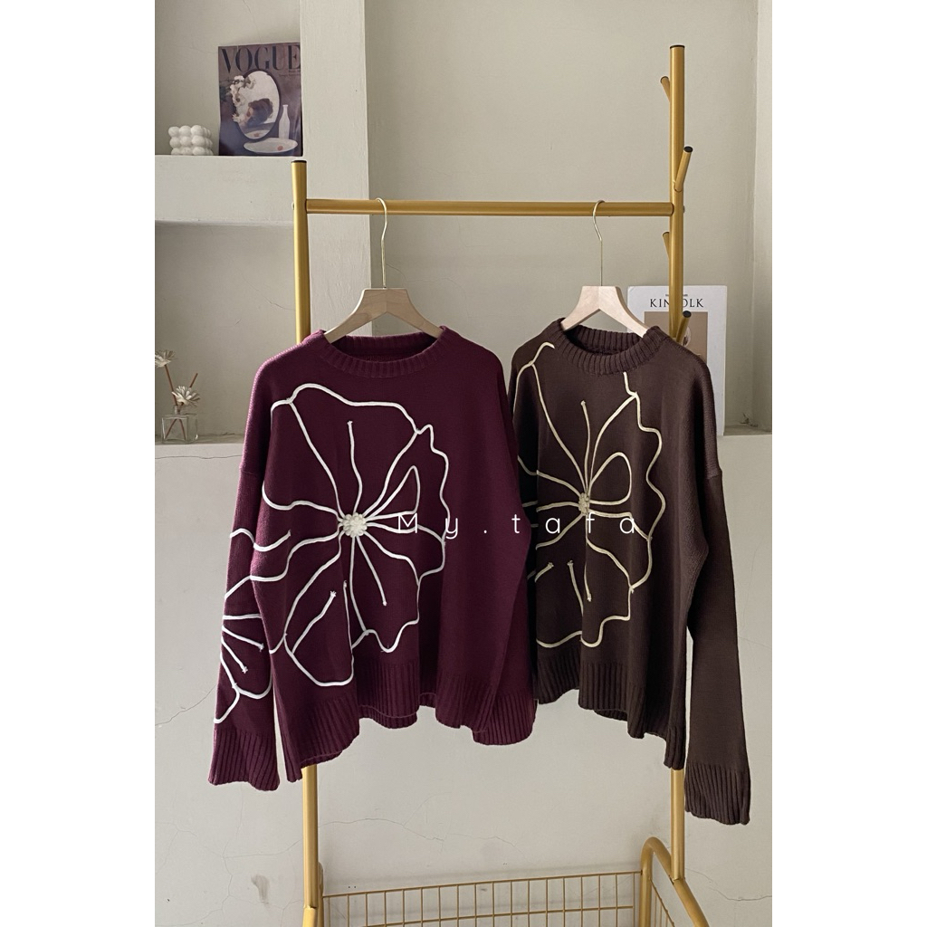 LIORA  Flower Sweater - Rajut Knit Style Korean - Atasan Wanita By.mytafa