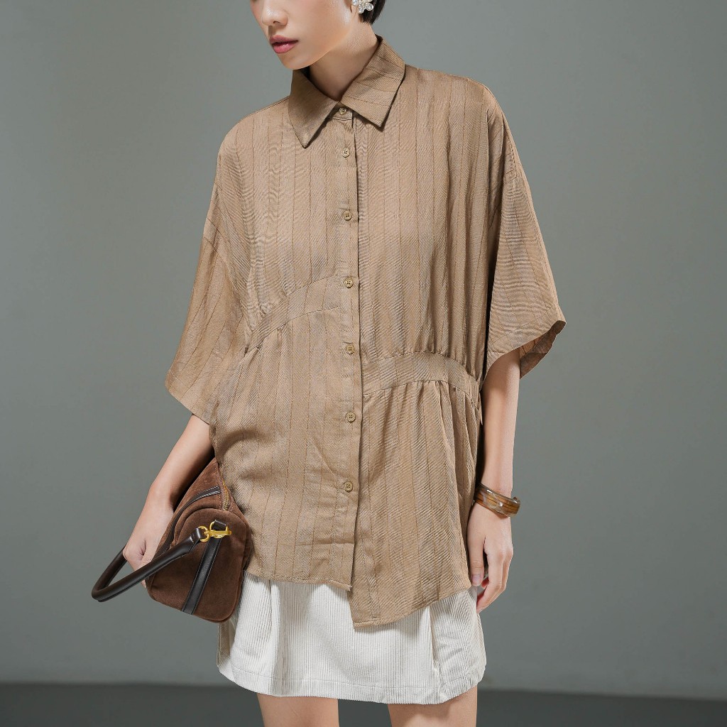 This Is April Adella Top Kemeja Wanita Lengan Pendek Stripped Casual Look Brown dan Pink