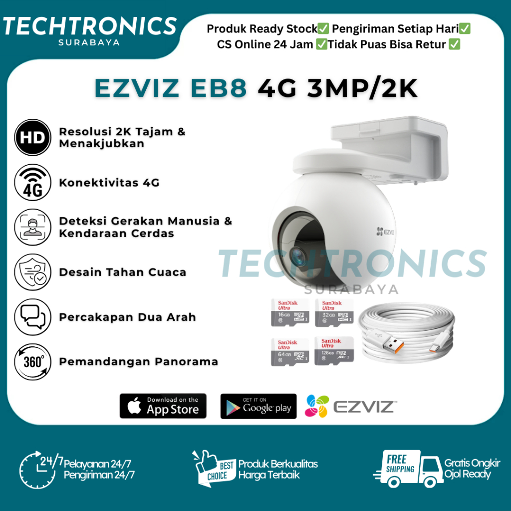 CCTV EZVIZ EB8 4G 3MP/2K Camera Outdoor Indoor Kamera CCTV Tanpa Wifi Pakai SIM Card Seluler Baterai