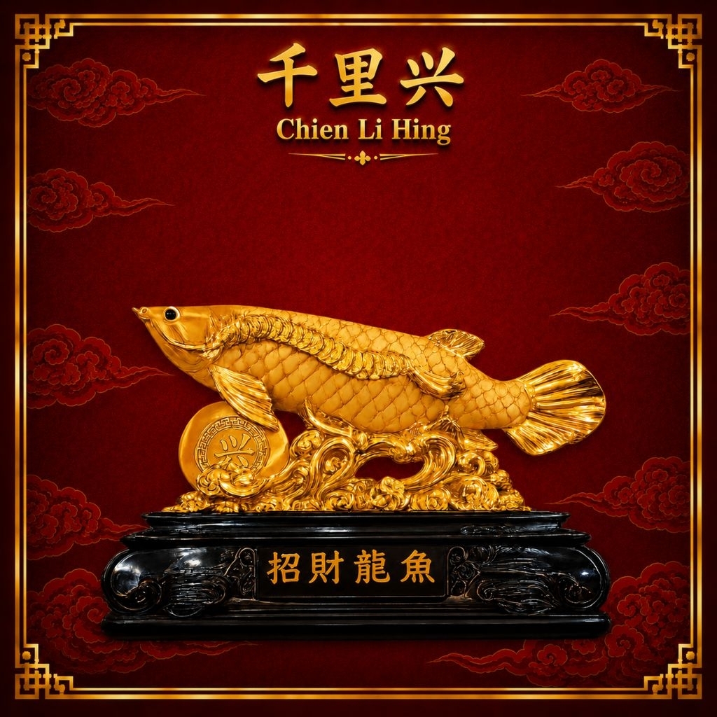 PJ24IK1 - Patung Ikan Arwana Emas Feng Shui Pajangan Lelang Kelenteng Hiasan Meja Pembawa Rezeki