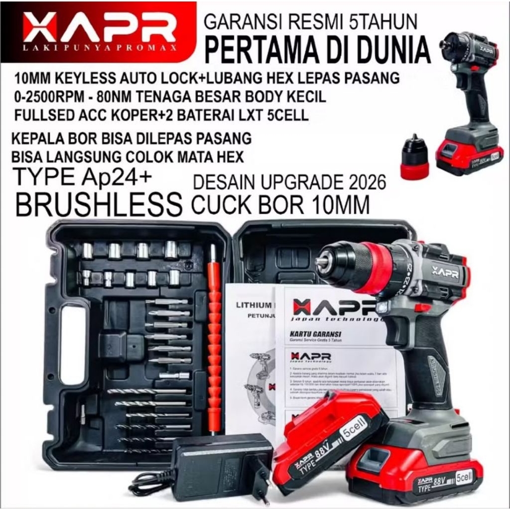 CORDLESS DRILL APR AP24+ 88V MESIN BOR BATERAI 88V APR KEPALA BOR BESI 10MM AP24+ IMPACT DRIVER 2IN1