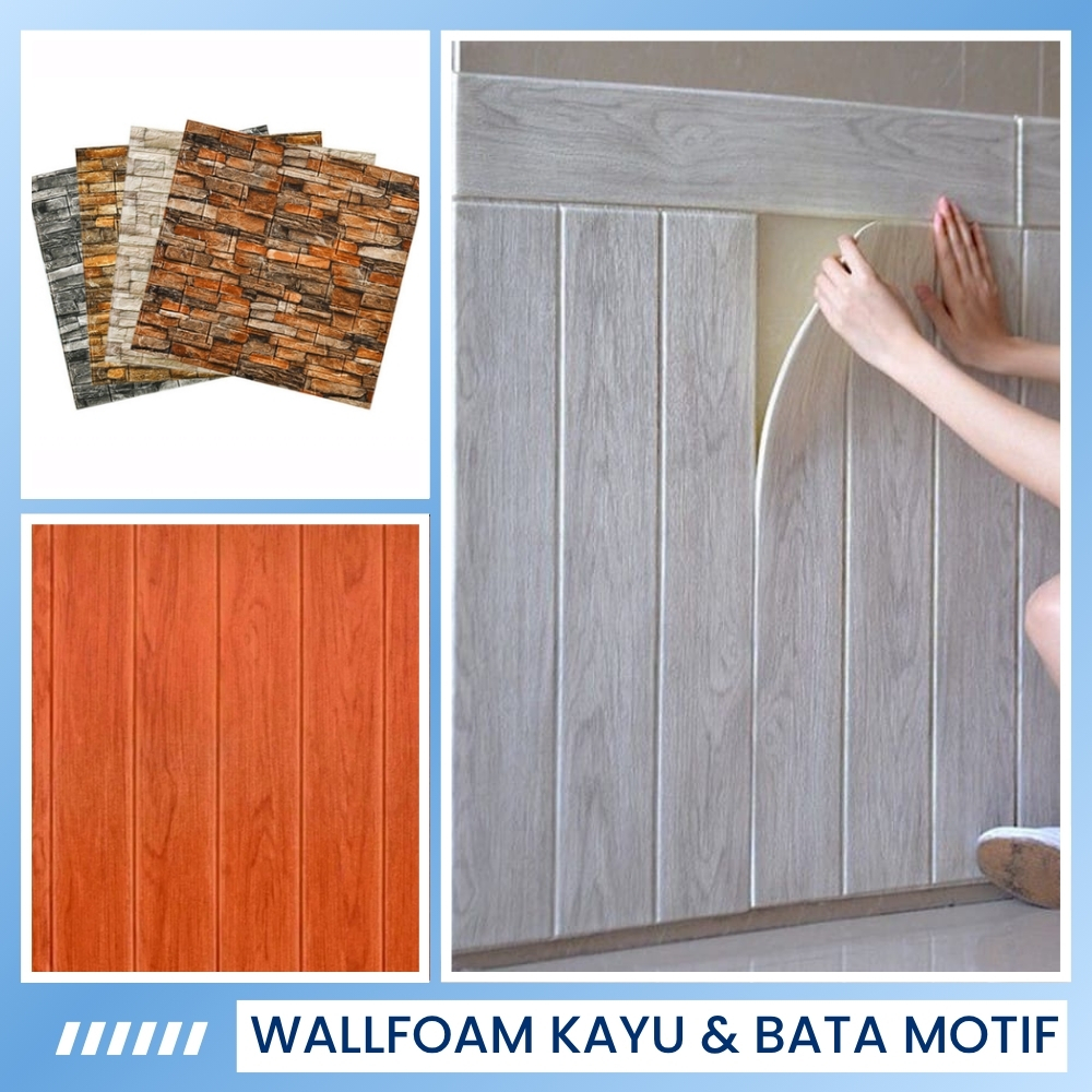 WallFoam Foam Dinding Motif Kayu Wallpaper Busa Motif Kayu WallFoam Batu Bata Stiker Dinding 3D