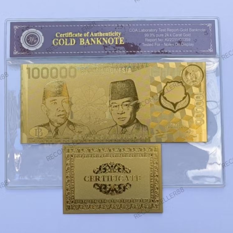 uang souvenir gold foil 100.000 soekarno hatta polymer 1997 soufenir goldfoil 100000 polimer soetta 