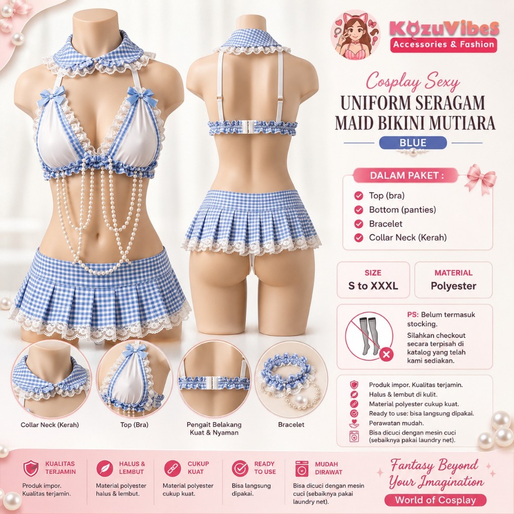Kozuvibes Cosplay Sexy Uniform Seragam Kostum Maid Bikini Mutiara Blue