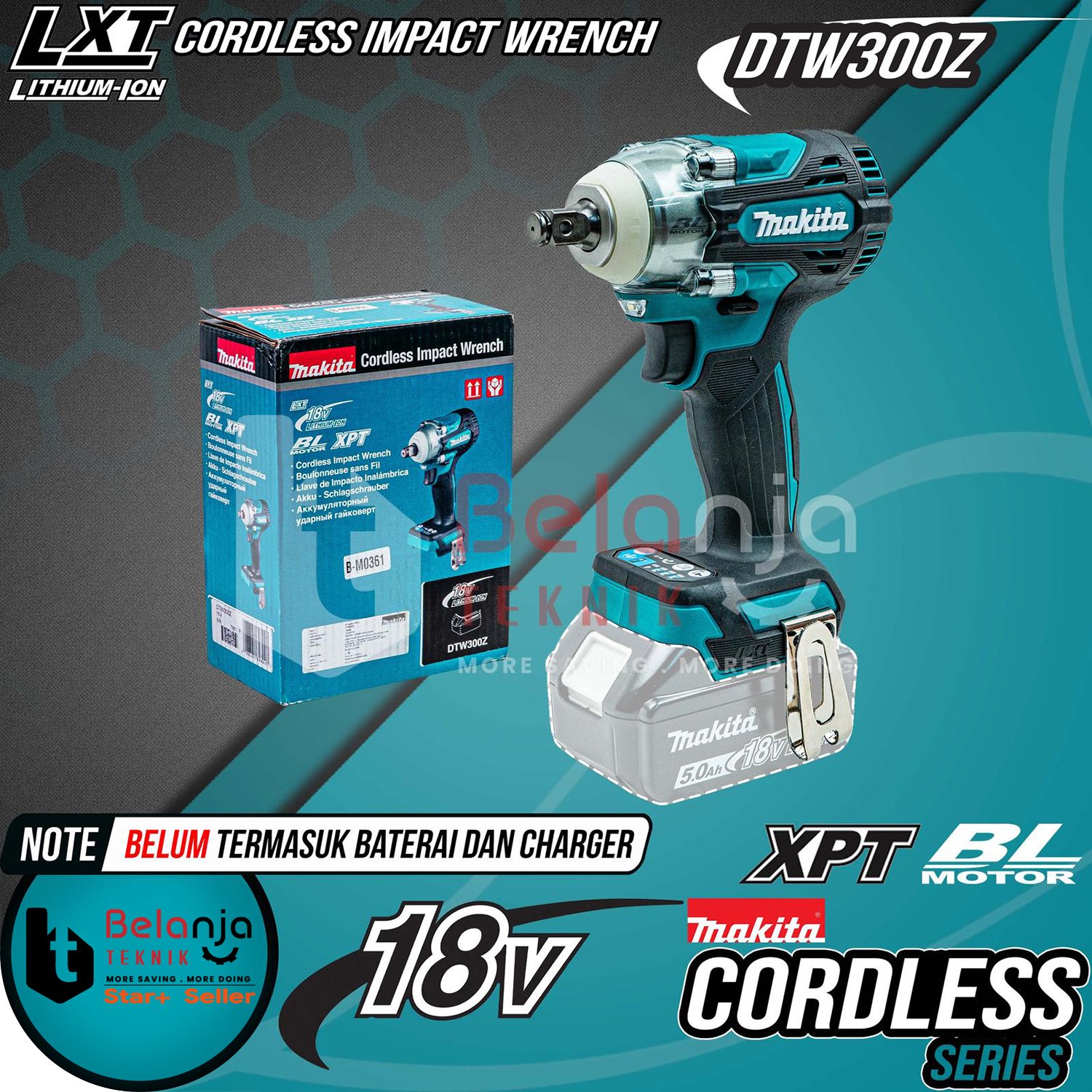 Impact Wrench Cordless MAKITA DTW300 Z Mesin Pumbuka Baut Baterai 18V DTW 300 Z DTW300Z