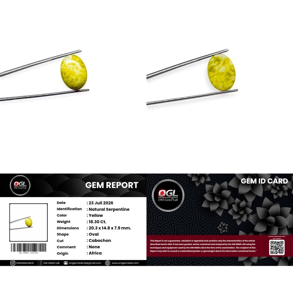 18.30 Ct. Natural Yellow Serpentine Africa Gemstone Sertifikat OGL