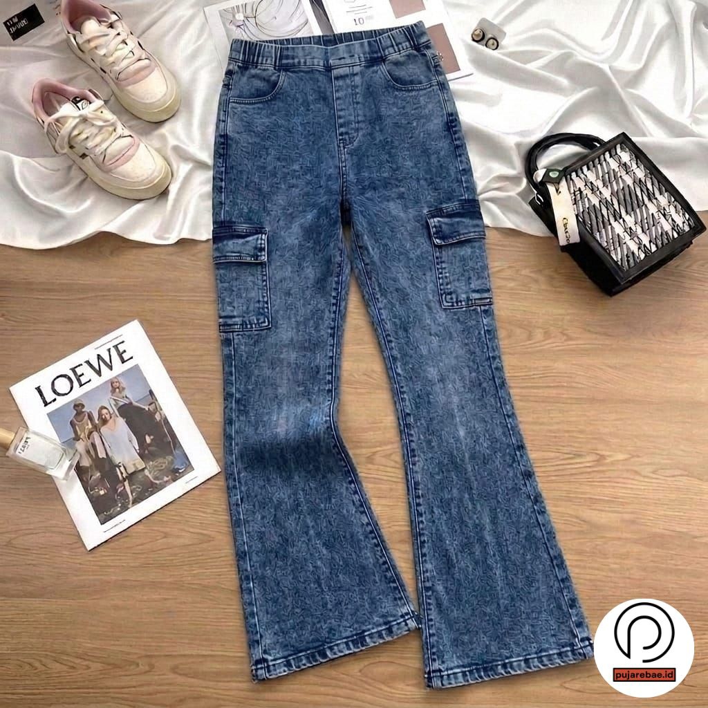 Cutbray Jeans Cargo Zora Highwaist Pinggang Full Karet Celana Wanita Dewasa Terbaru