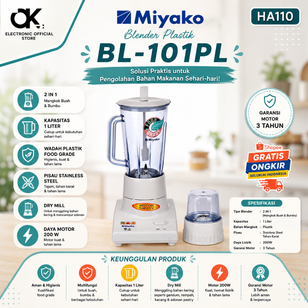Miyako Blender 1 Liter BL-101PL/BL101PL/BL101 PL/BL 101PL/BL-101 PL/BL 101 PL Blender Plastik