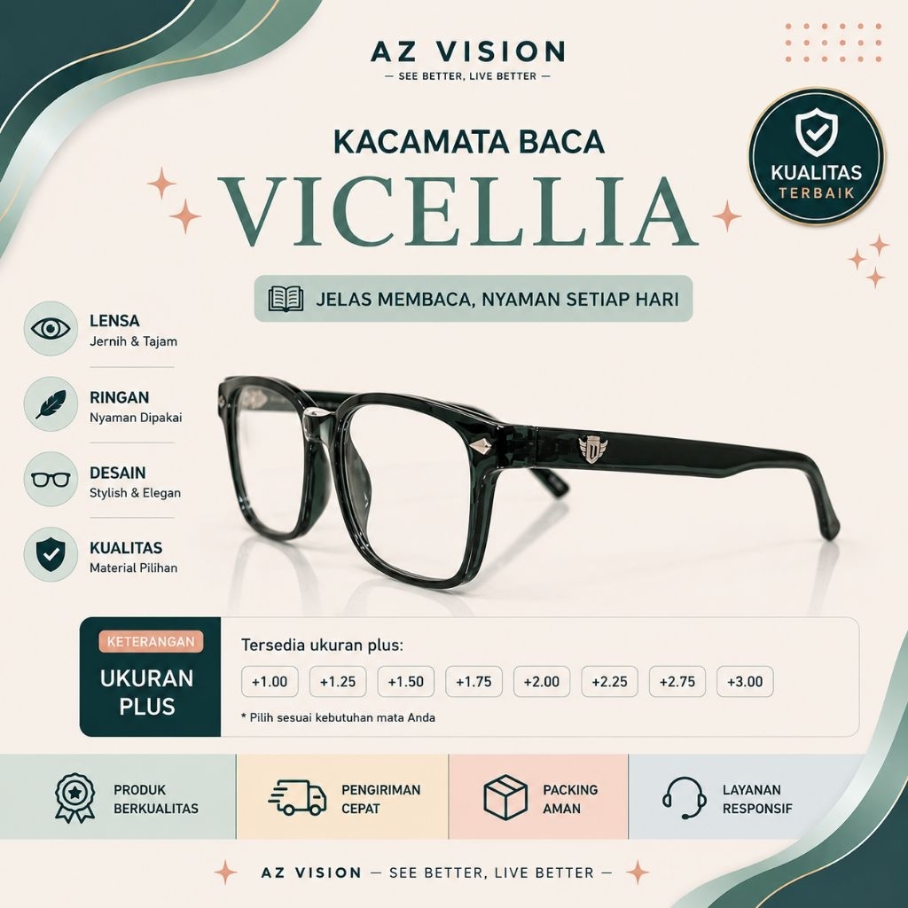 Kacamata Baca Plus Vicellia Pria Wanita Frame Square Elegan Ringan Lensa Jernih (+1.00 s/d +3.00)