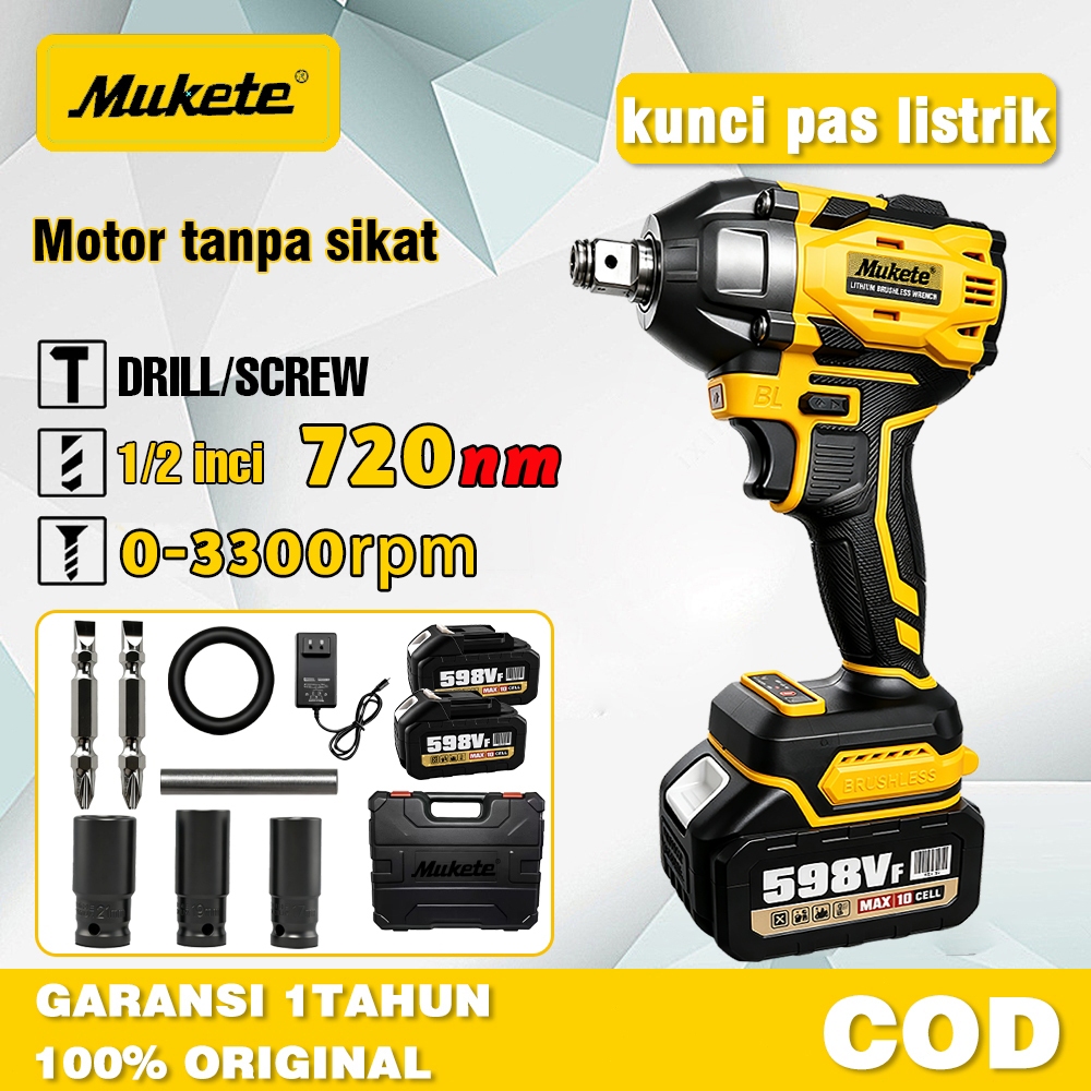 Mukete cordless impact 700N.M impact wrench impact baterai 598V 2 Baterai Impek Baterai Kunci Impact