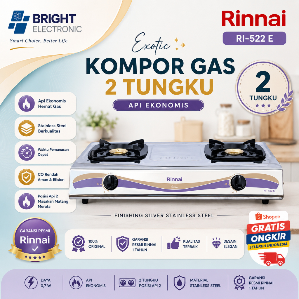 RINNAI KOMPOR GAS 2 TUNGKU RI 522 E ORIGINAL BERGARANSI/RI-522E/RI-522 E/RI522E/RI 522E/RI522 E
