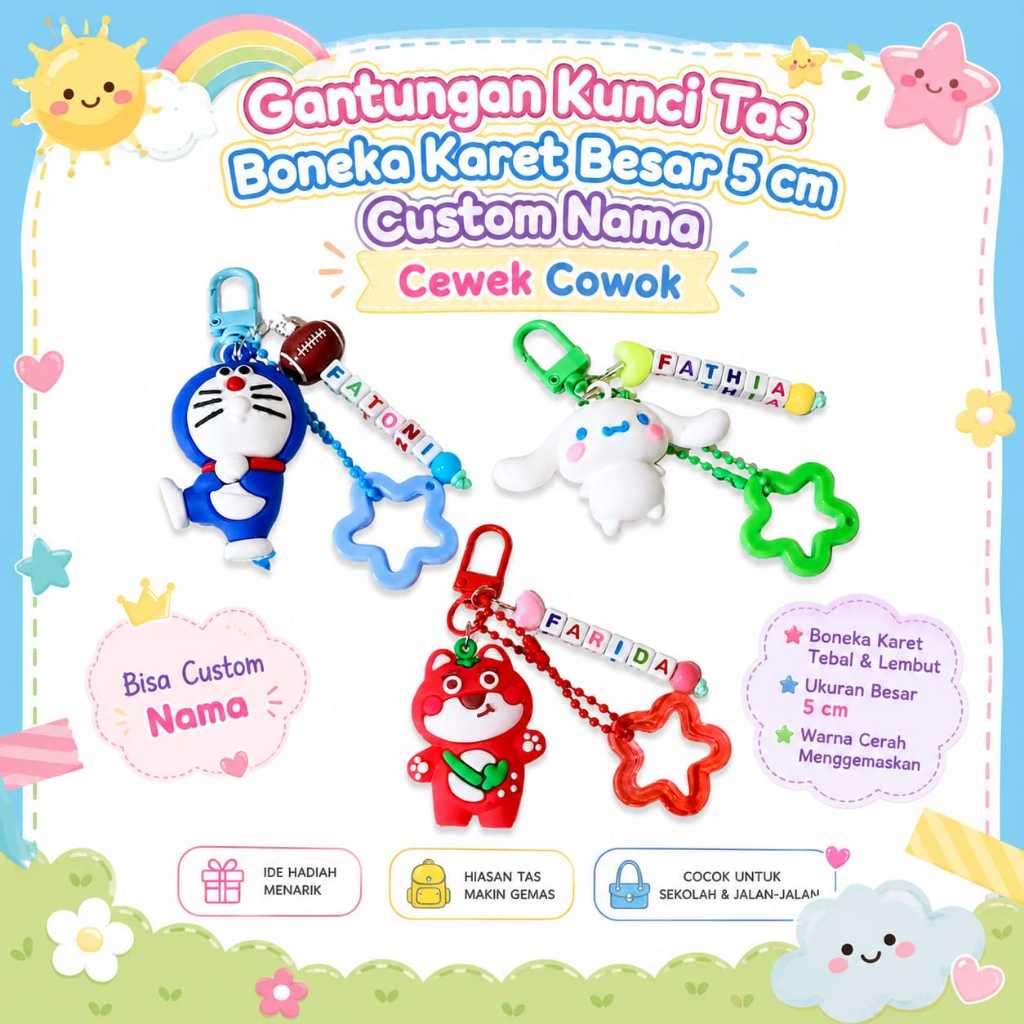 (FREE Alas & Plastik) Custom Nama Gantungan Kunci Tas Bandul Boneka Karet JUMBO Gemoy Aneka Karakter